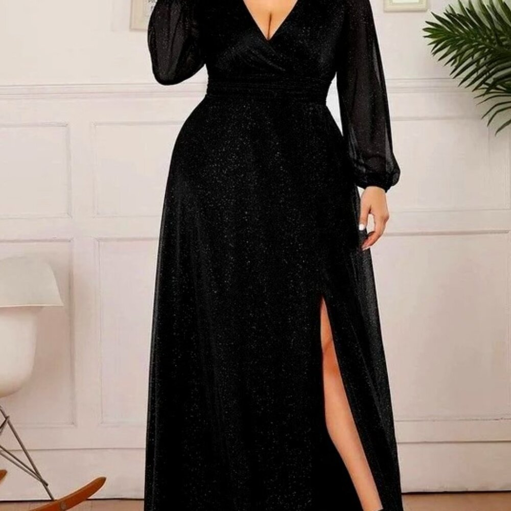 Long Sleeve Deep V-Neck Formal Dress with Slit